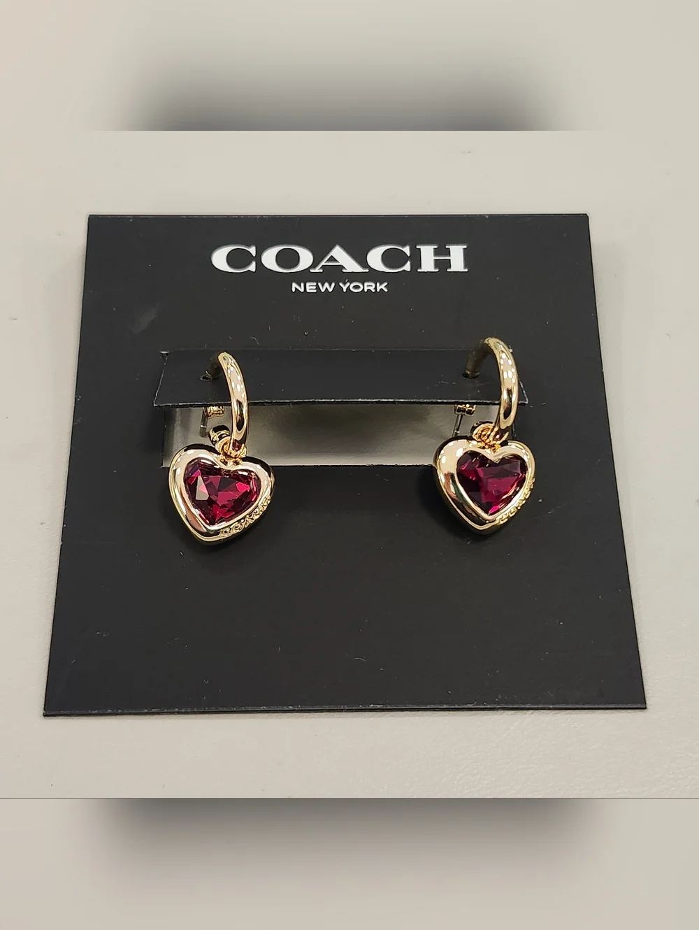 NWT Coach Gold-Tone Heart-charm Brass Huggie Hoop Earrings In Red Crystal - Picture 1 of 1